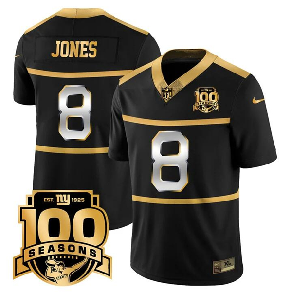 Men's New York Giants #8 Daniel Jones Black Gold 100TH Season Commemorative Patch Limited Stitched Football Jersey